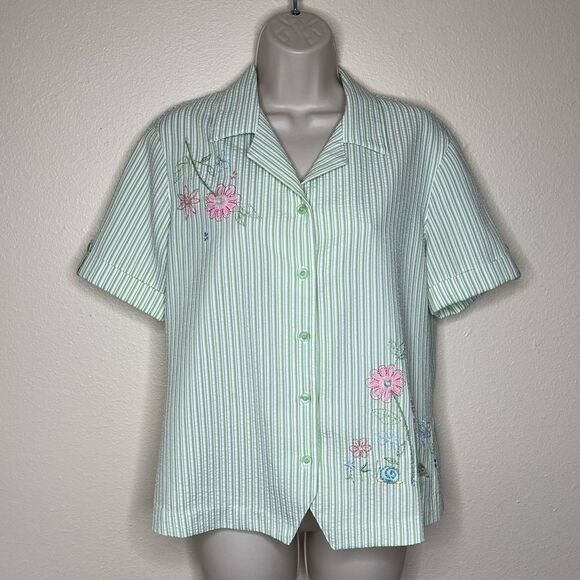 Alfred Dunner Seersucker Green Stripe Embroidered Beaded Short Sleeve Women 8 - Picture 13 of 13